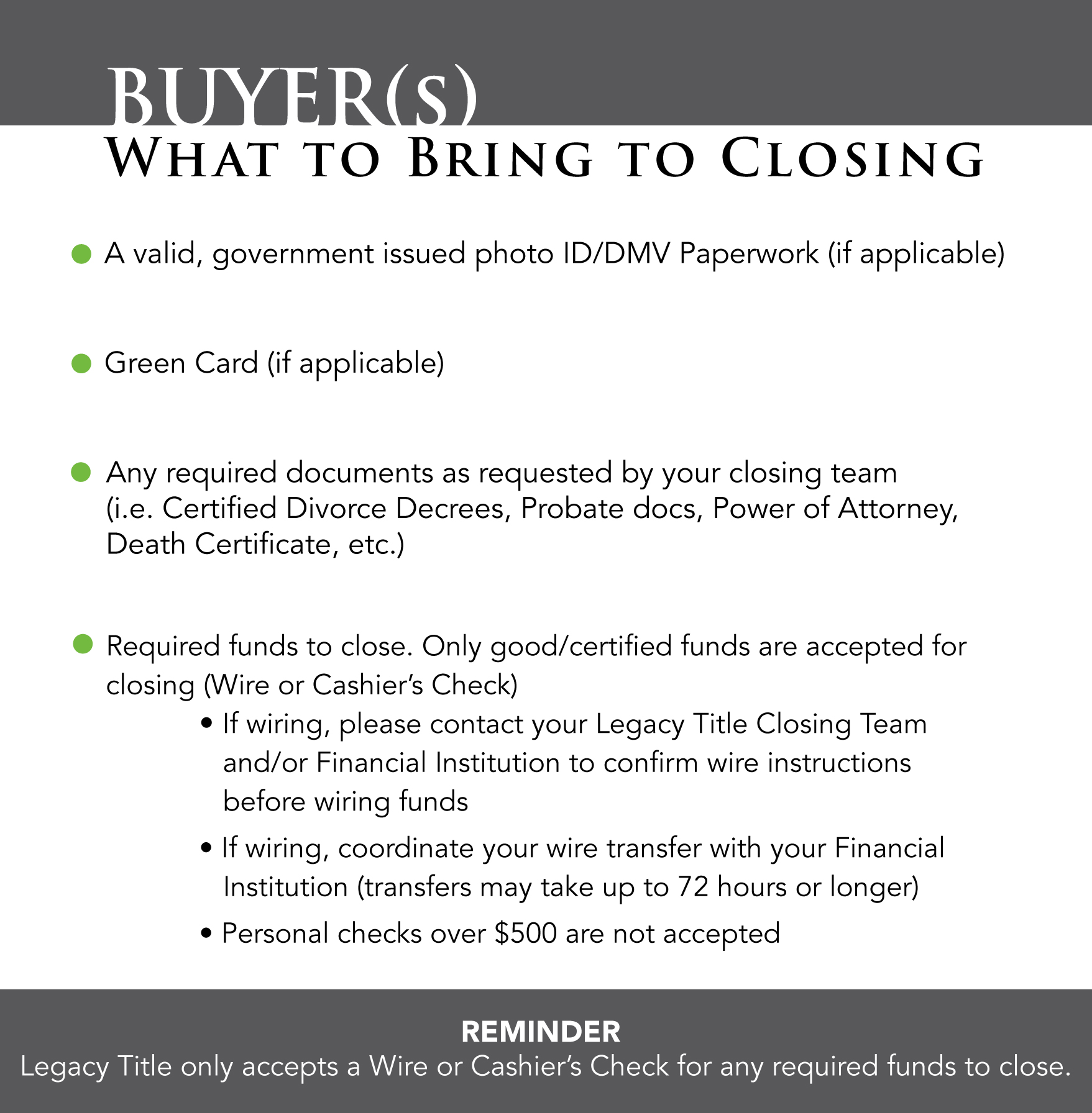 What To Bring To Closing - Buyers