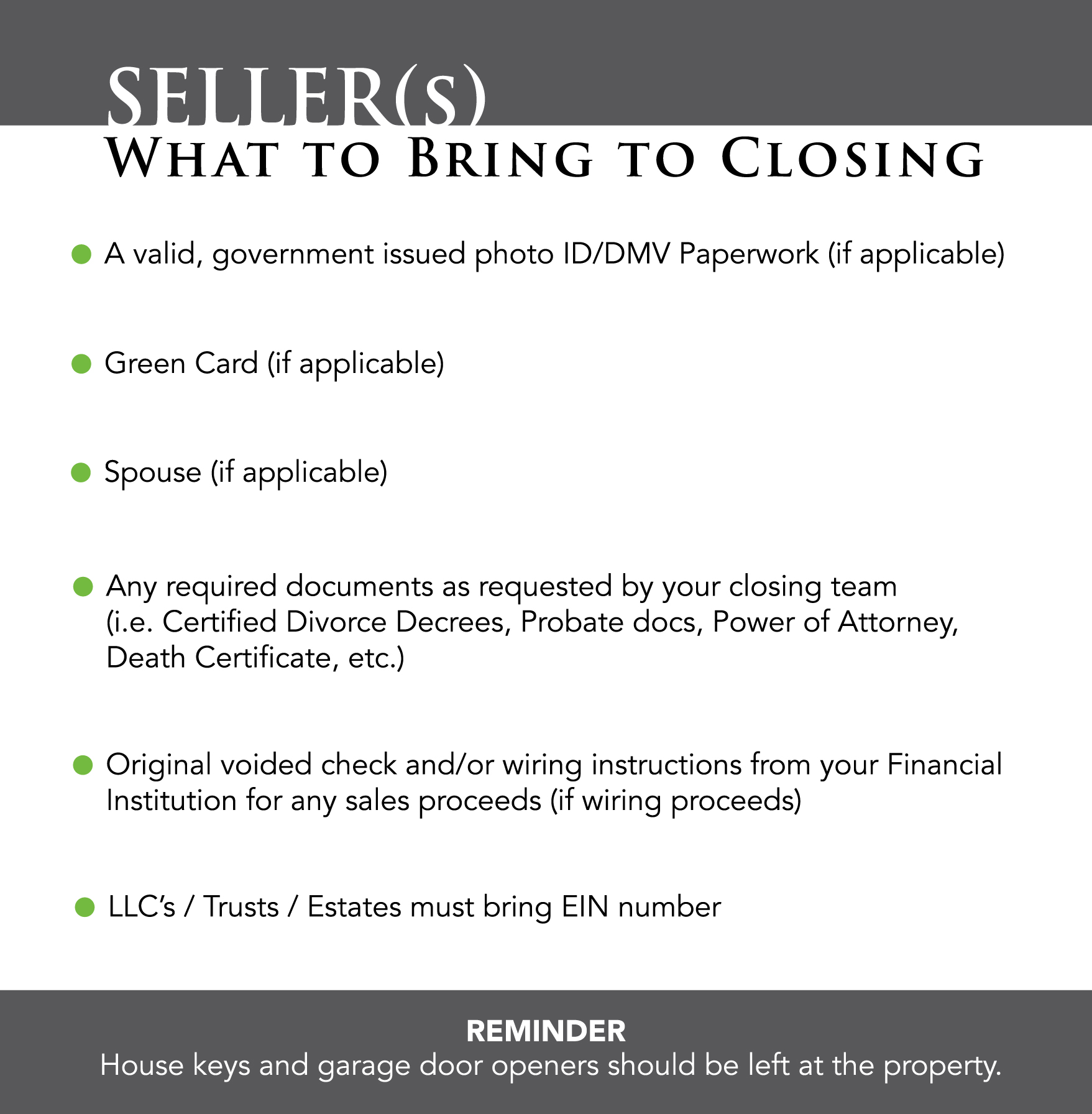 What To Bring To Closing - Sellers