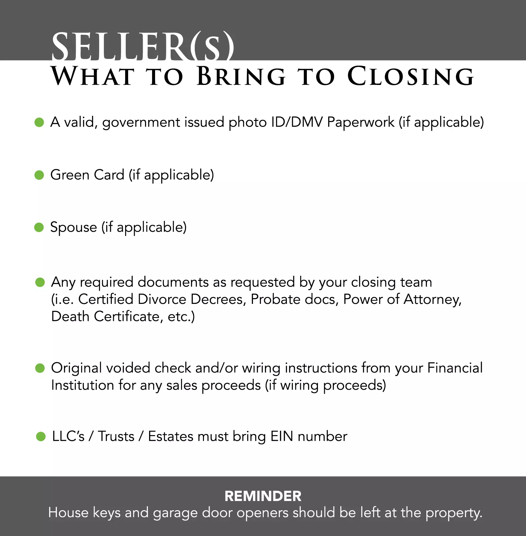 What To Bring To Closing - Sellers